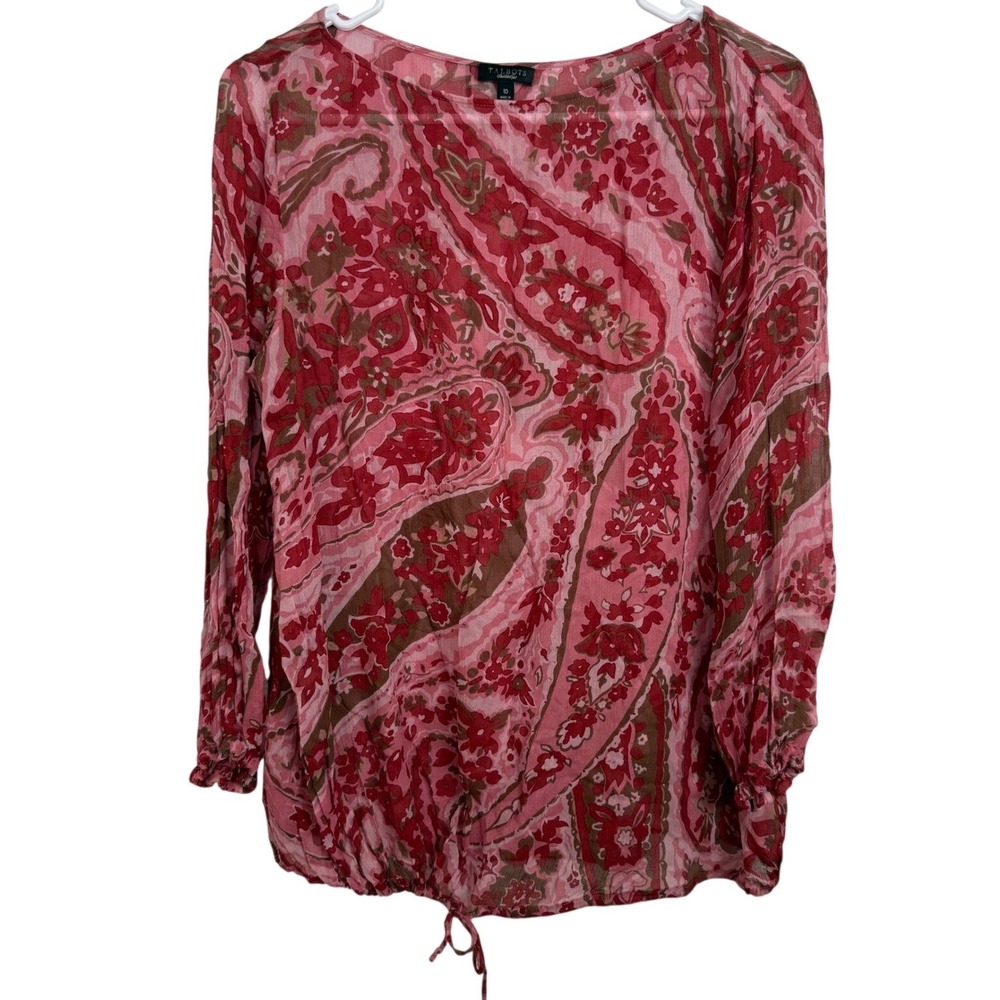 Silk Paisley Blouse Womens 10‎ Red Pink Sheer Boho Romantic Cottagecore Top